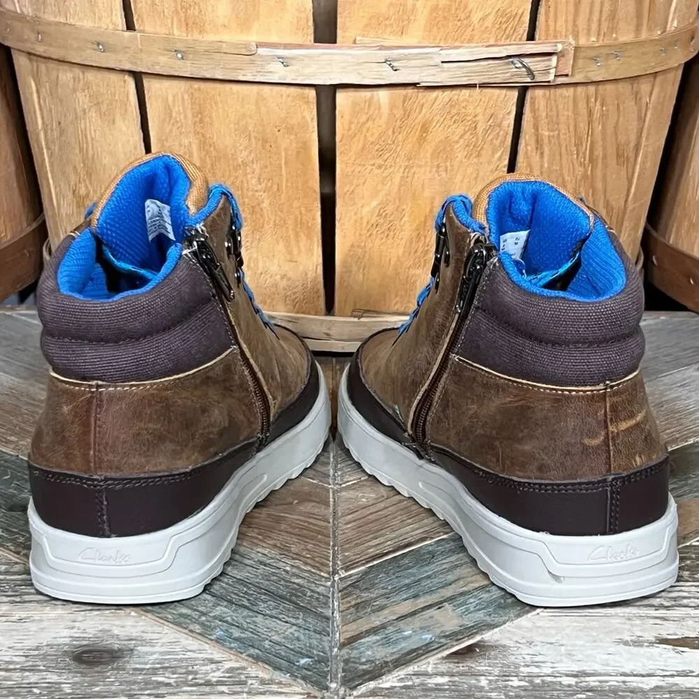 Clarks x Jack Nano Jaxton Run Brown Leather Blue Zip Up Laced Boots Boys Size 4